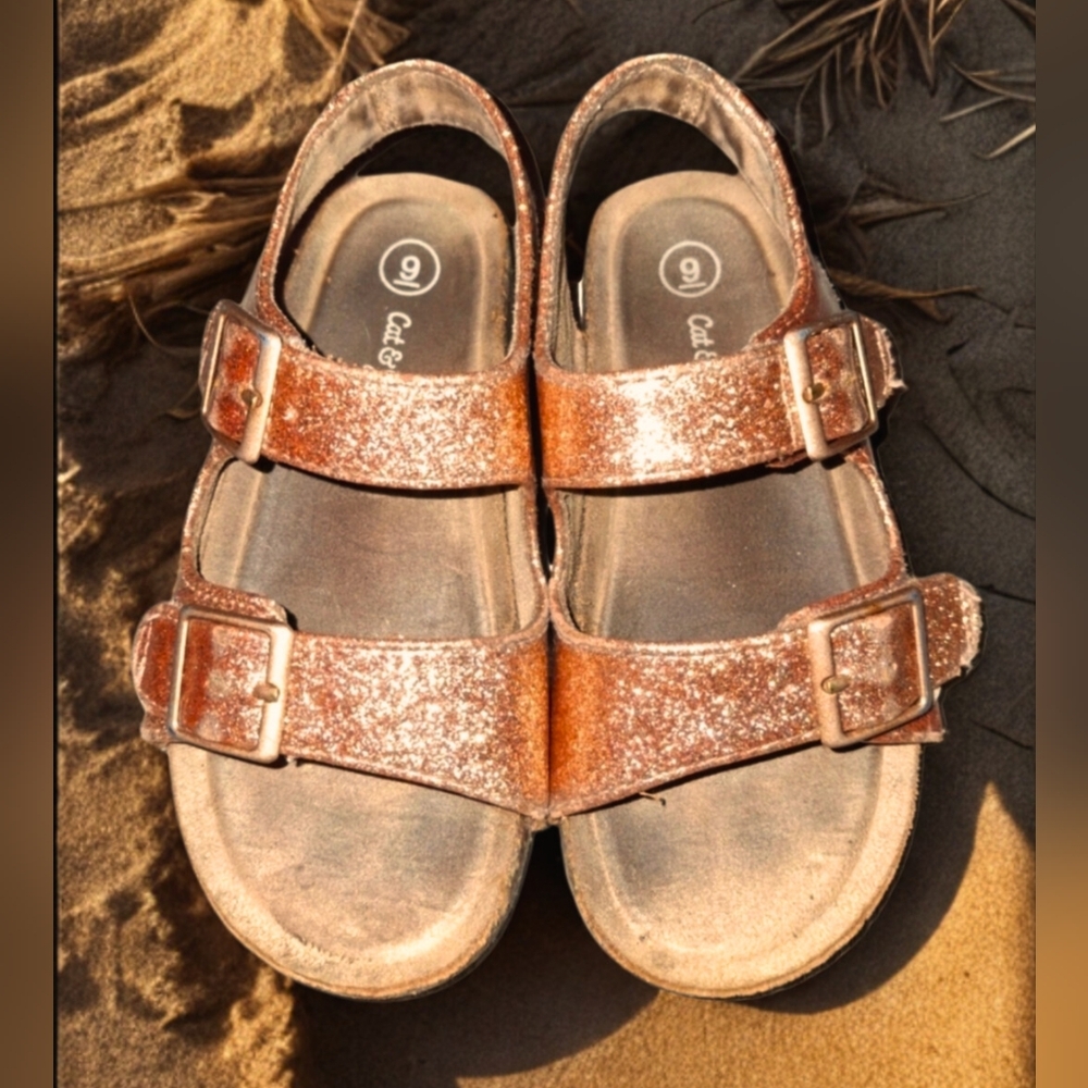 🌟 9T Cat & Jack Sandals - Gold Glitter Velcro Toddler 🌟